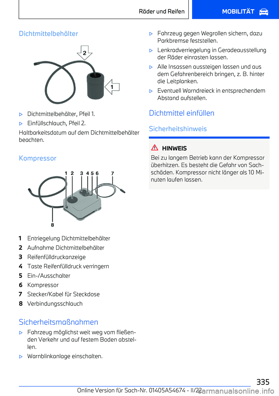 BMW I4 2022  Betriebsanleitungen (in German) Dichtmittelbeh$lter