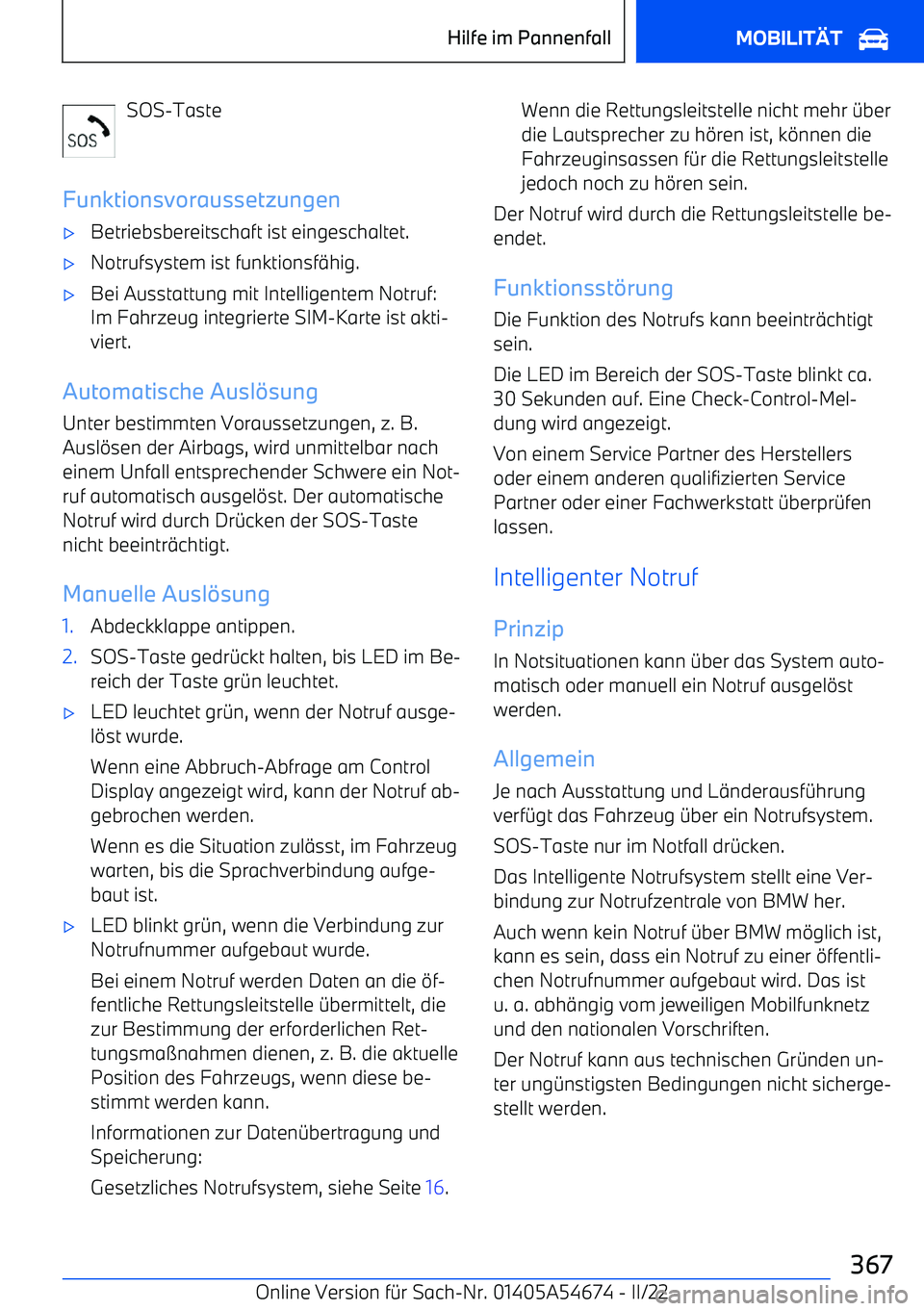 BMW I4 2022  Betriebsanleitungen (in German) SOS