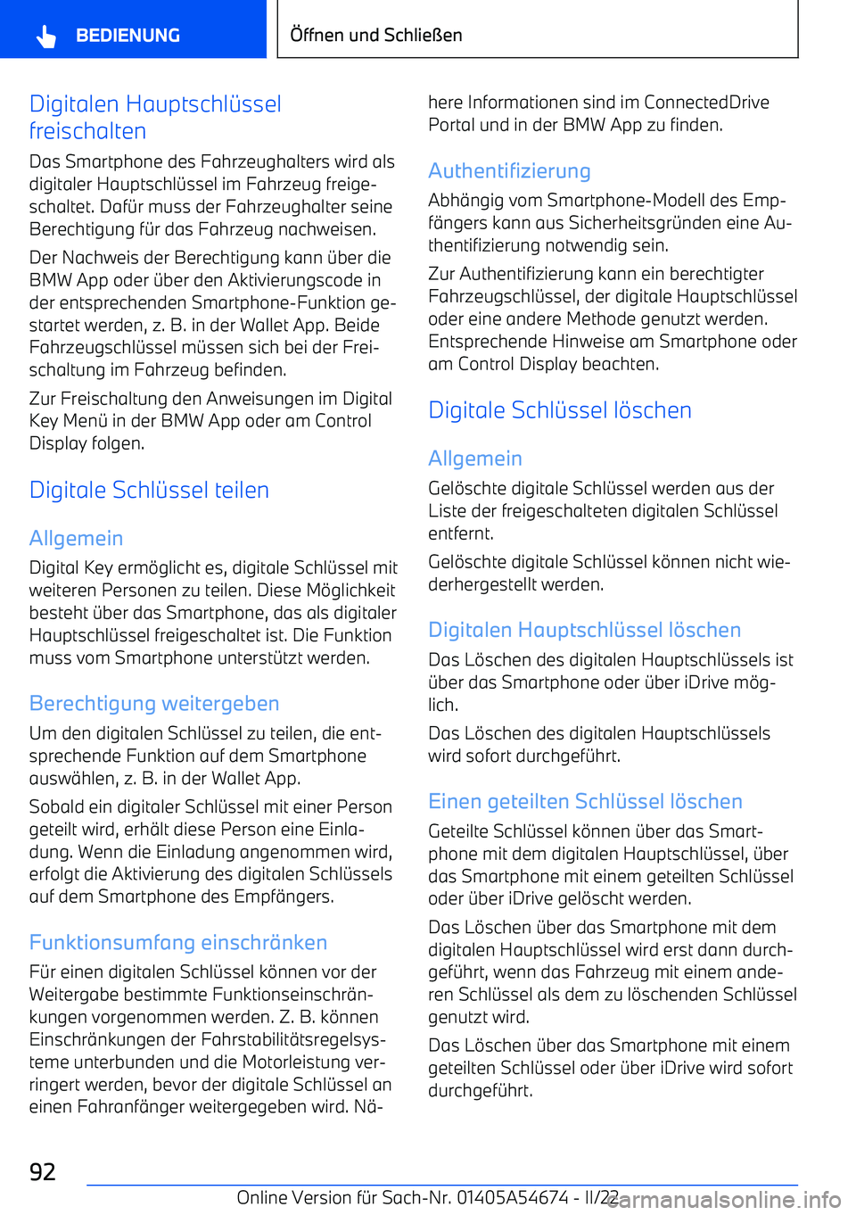 BMW I4 2022  Betriebsanleitungen (in German) Digitalen Hauptschl