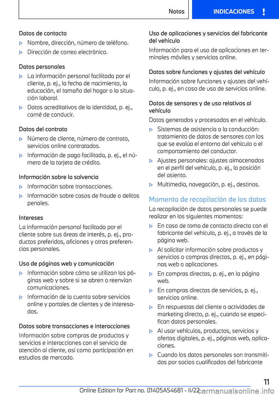BMW I4 2022  Manuales de Empleo (in Spanish) Datos de contacto