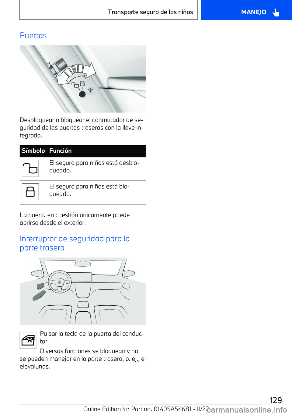 BMW I4 2022  Manuales de Empleo (in Spanish) Puertas
Desbloquear o bloquear el conmutador de se
