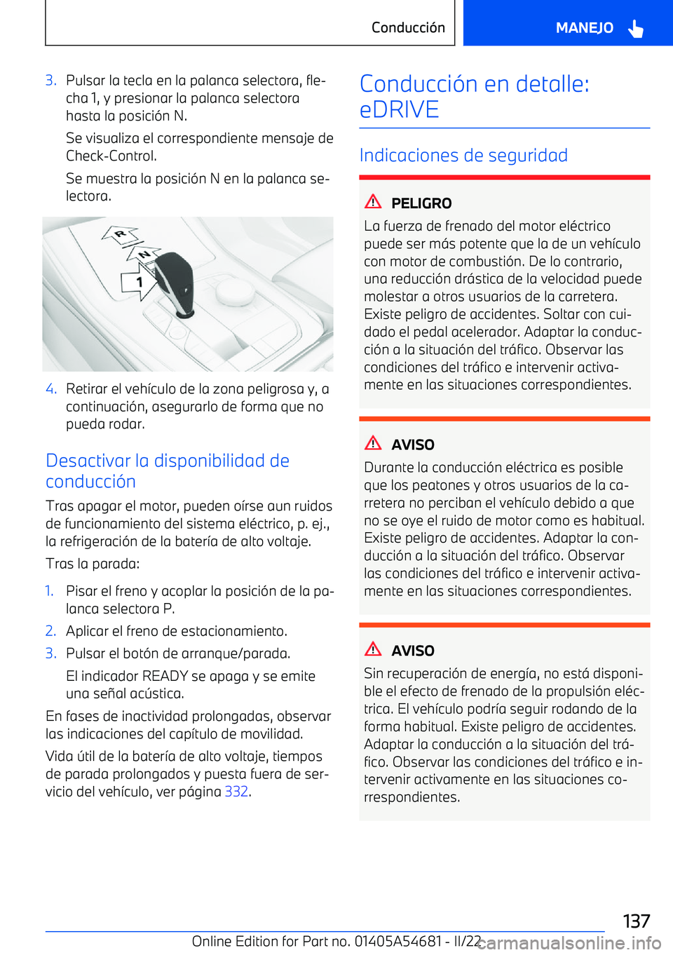 BMW I4 2022  Manuales de Empleo (in Spanish) 3.Pulsar la tecla en la palanca selectora, fle