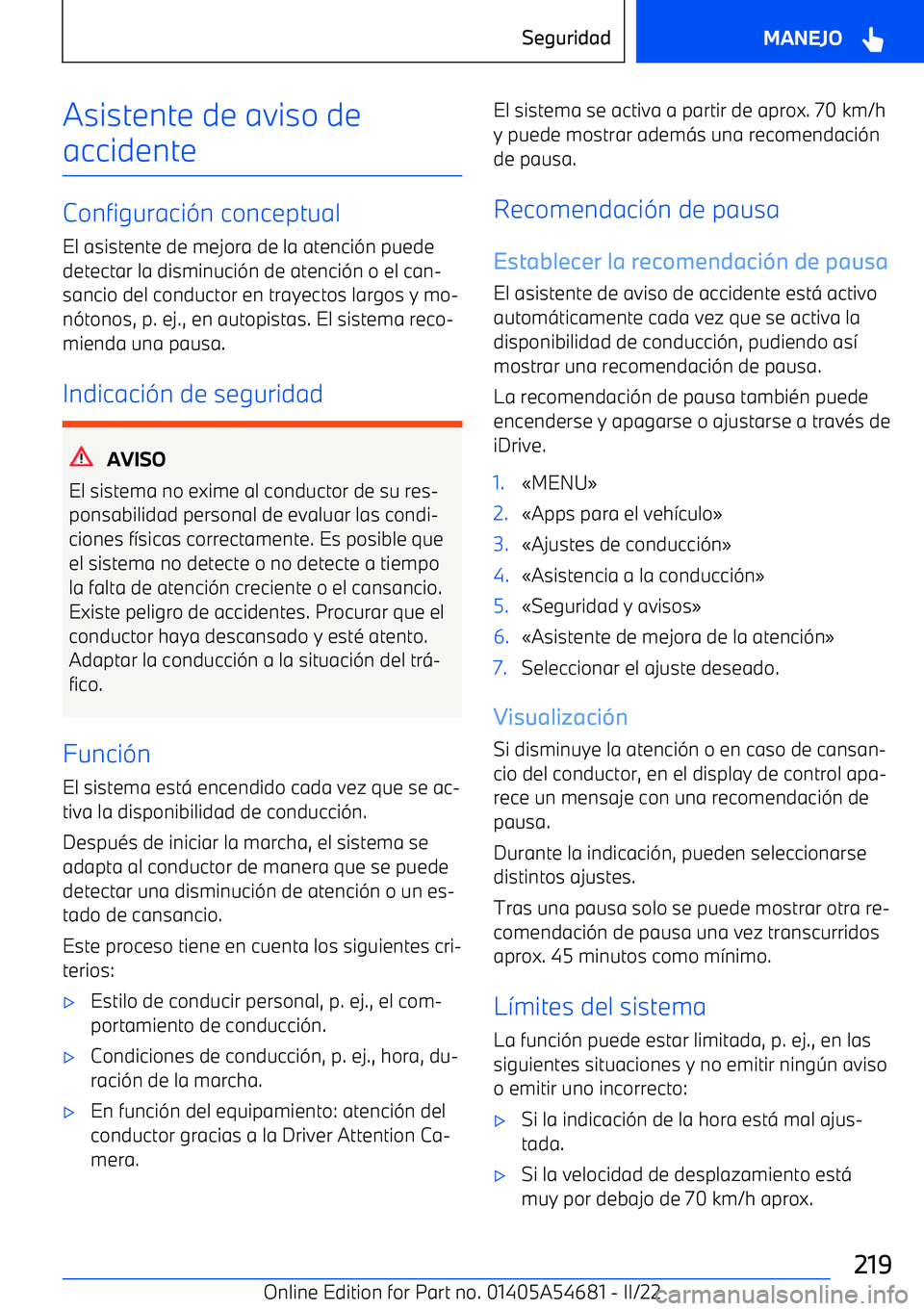 BMW I4 2022  Manuales de Empleo (in Spanish) Asistente de aviso de
accidente
Configuraci