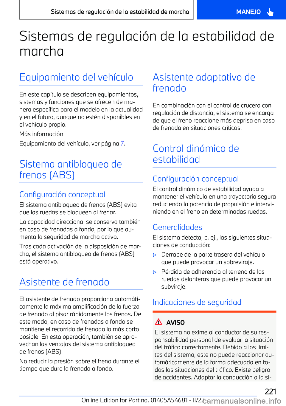 BMW I4 2022  Manuales de Empleo (in Spanish) Sistemas de regulaci