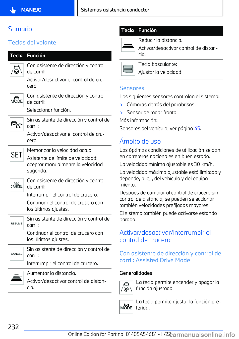 BMW I4 2022  Manuales de Empleo (in Spanish) SumarioTeclas del volanteTeclaFunci