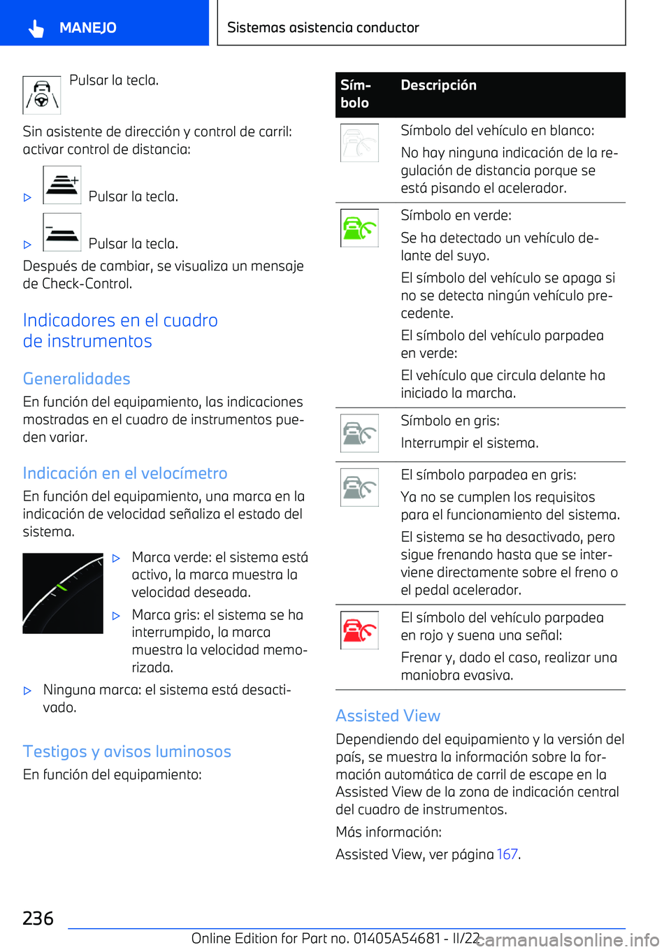 BMW I4 2022  Manuales de Empleo (in Spanish) Pulsar la tecla.
Sin asistente de direcci