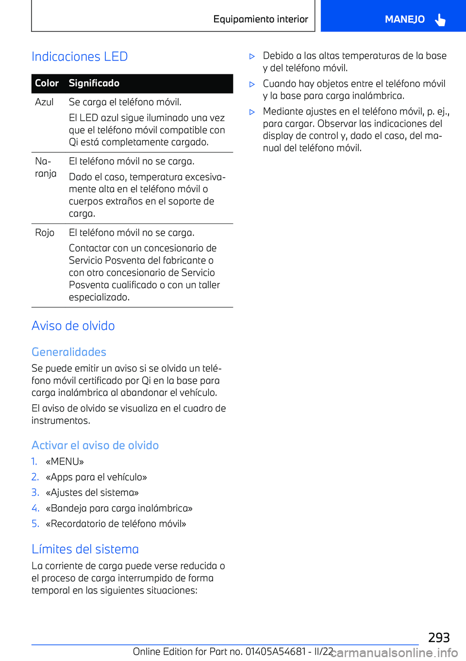 BMW I4 2022  Manuales de Empleo (in Spanish) Indicaciones LEDColorSignificadoAzulSe carga el tel