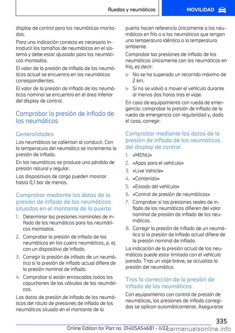 BMW I4 2022  Manuales de Empleo (in Spanish) display de control para los neum