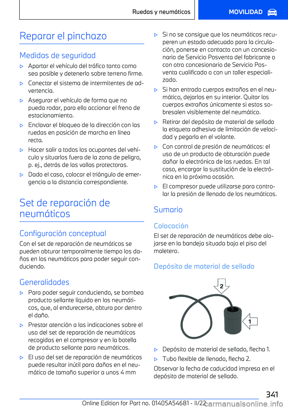 BMW I4 2022  Manuales de Empleo (in Spanish) Reparar el pinchazo
Medidas de seguridad
