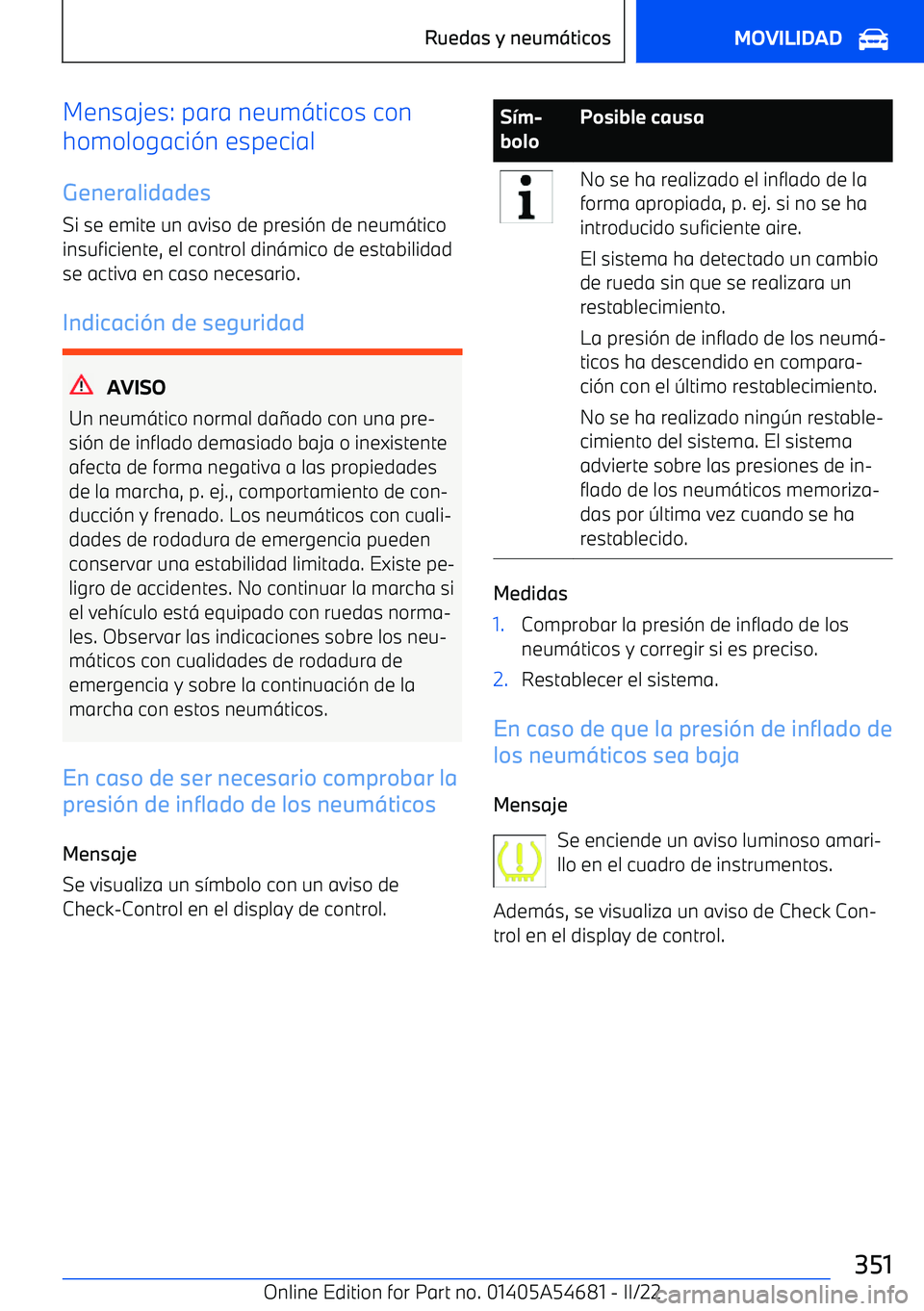 BMW I4 2022  Manuales de Empleo (in Spanish) Mensajes: para neum