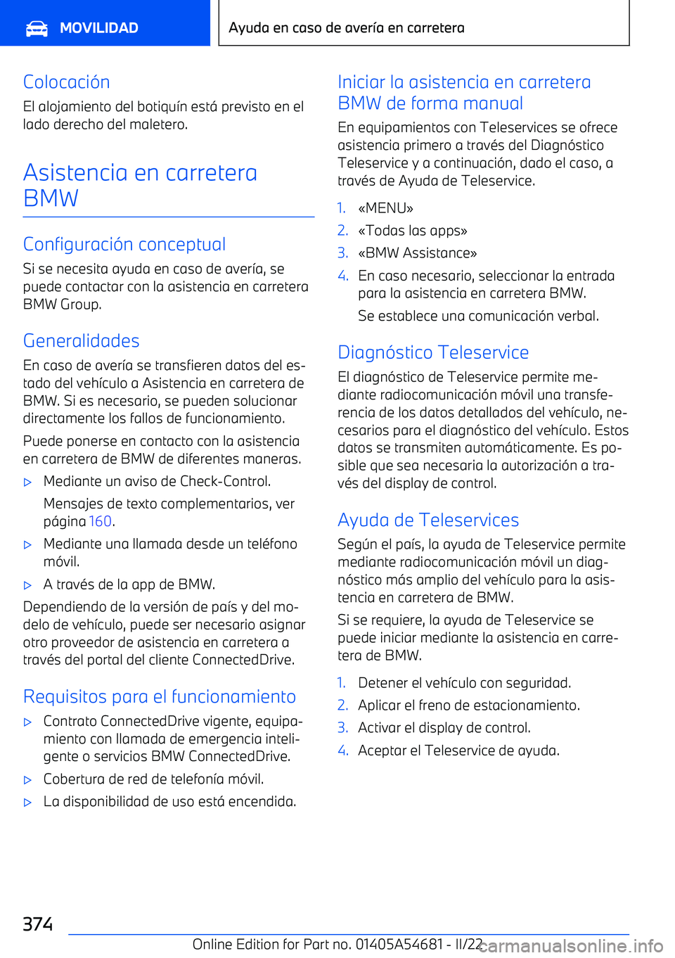 BMW I4 2022  Manuales de Empleo (in Spanish) Colocaci