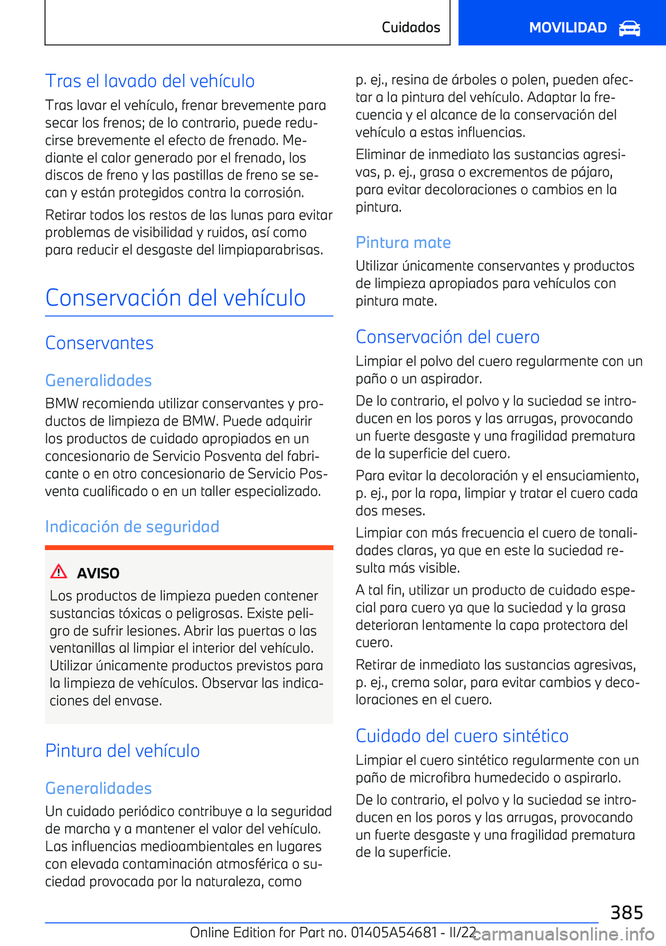 BMW I4 2022  Manuales de Empleo (in Spanish) Tras el lavado del veh