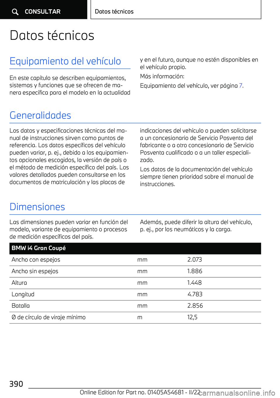 BMW I4 2022  Manuales de Empleo (in Spanish) Datos t