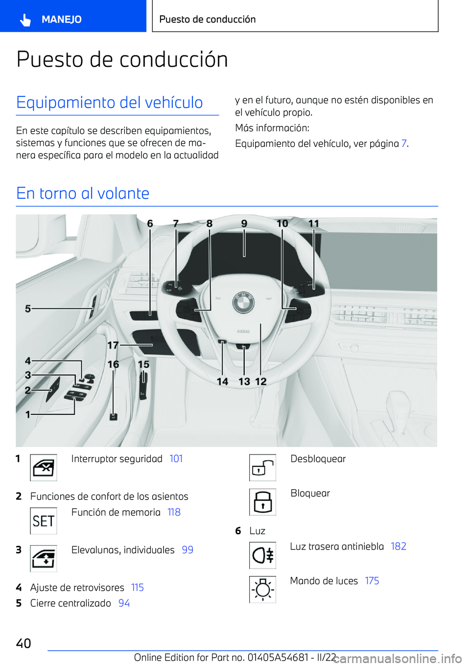 BMW I4 2022  Manuales de Empleo (in Spanish) Puesto de conducci