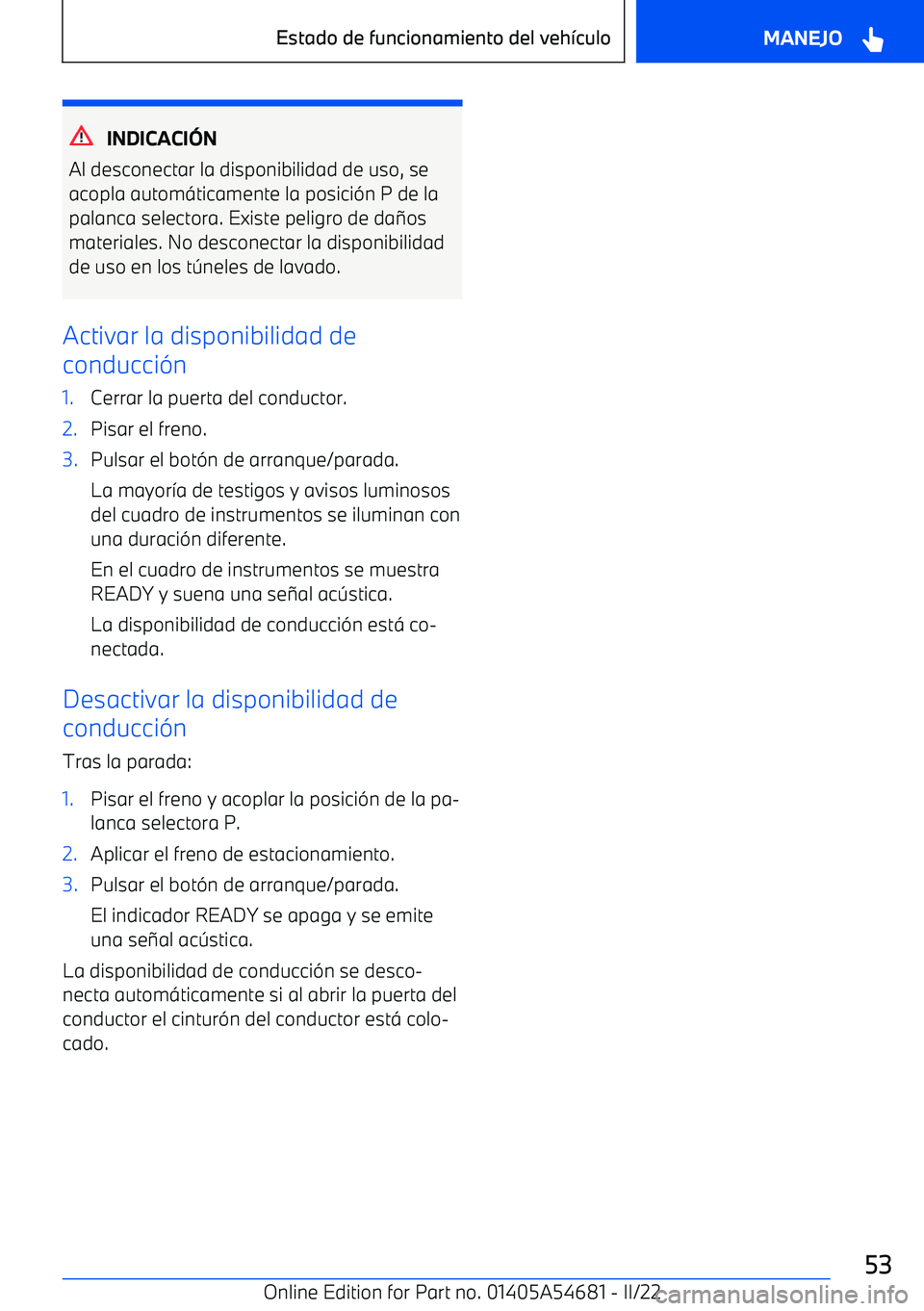 BMW I4 2022  Manuales de Empleo (in Spanish) INDICACI