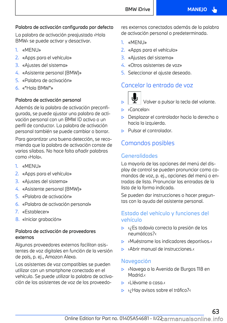 BMW I4 2022  Manuales de Empleo (in Spanish) Palabra de activaci