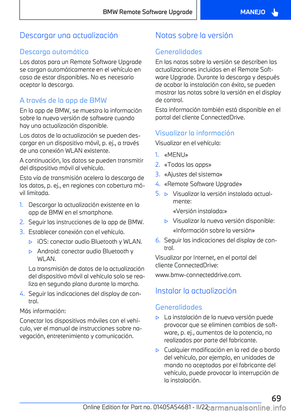 BMW I4 2022  Manuales de Empleo (in Spanish) Descargar una actualizaci