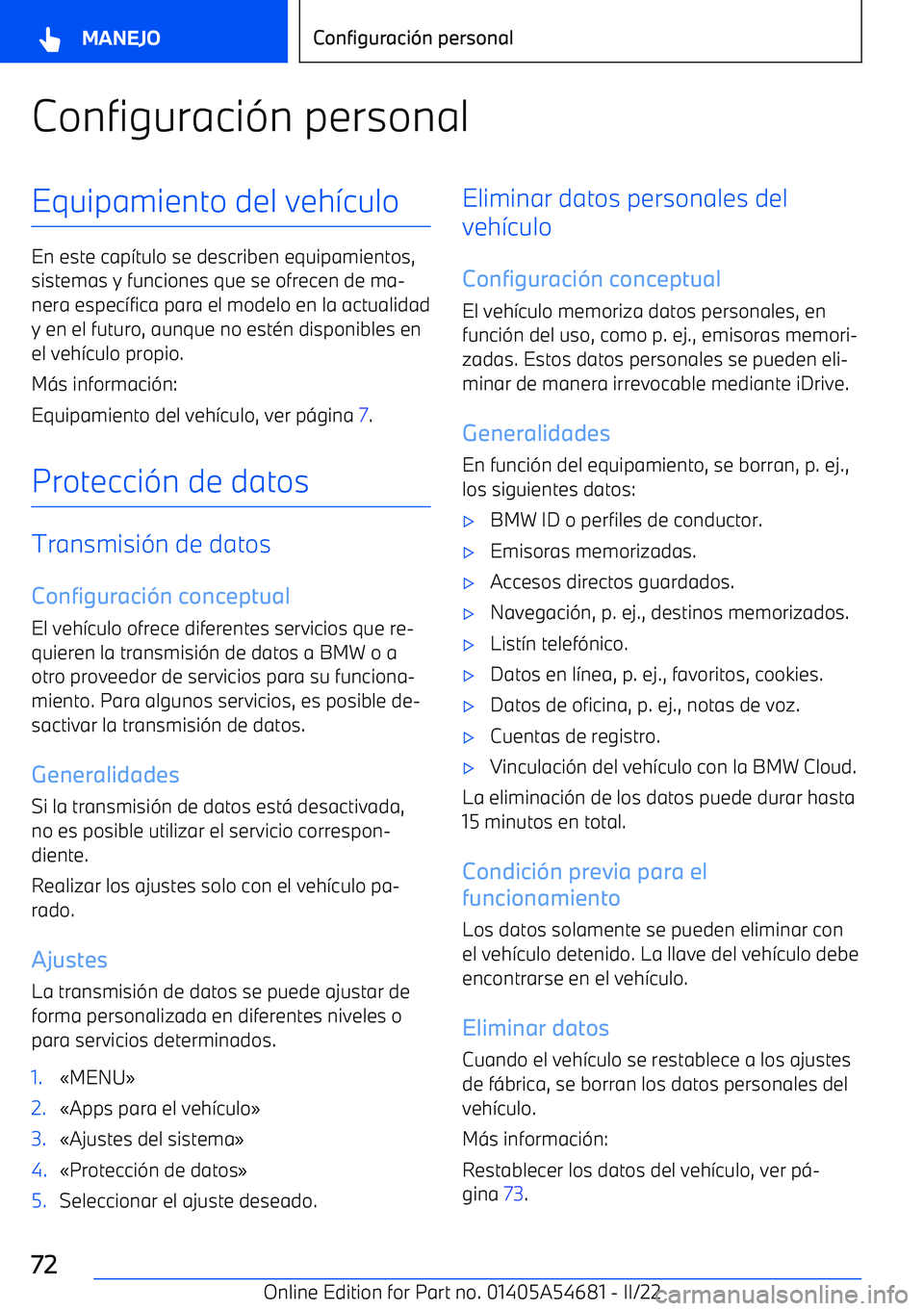 BMW I4 2022  Manuales de Empleo (in Spanish) Configuraci