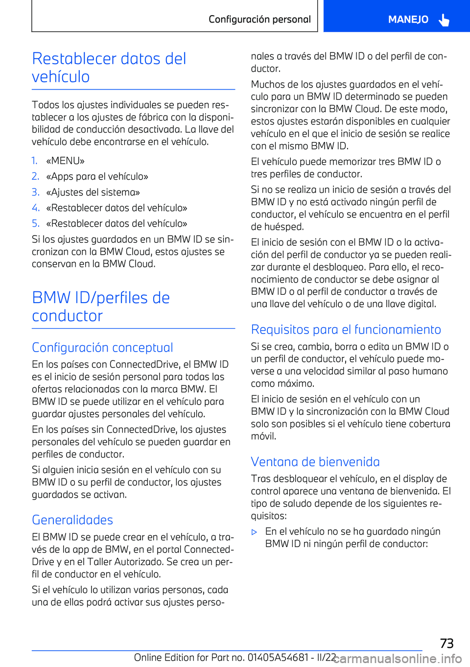 BMW I4 2022  Manuales de Empleo (in Spanish) Restablecer datos del
veh