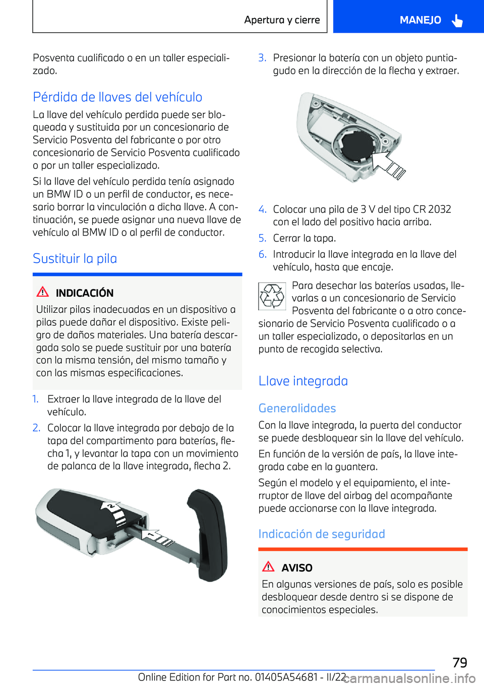 BMW I4 2022  Manuales de Empleo (in Spanish) Posventa cualificado o en un taller especiali
