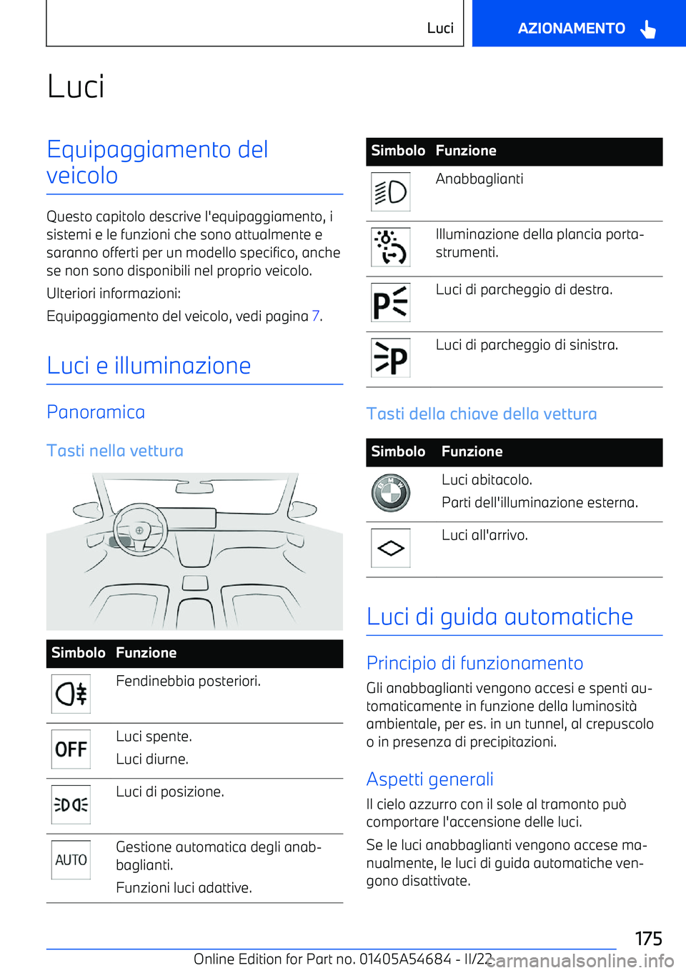 BMW I4 2022  Libretti Di Uso E manutenzione (in Italian) LuciEquipaggiamento del
veicolo
Questo capitolo descrive l