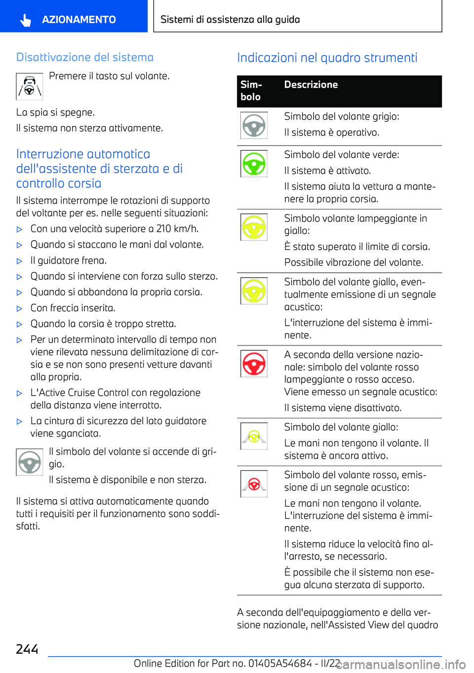 BMW I4 2022  Libretti Di Uso E manutenzione (in Italian) Disattivazione del sistemaPremere il tasto sul volante.
La spia si spegne.
Il sistema non sterza attivamente.
Interruzione automatica
dell