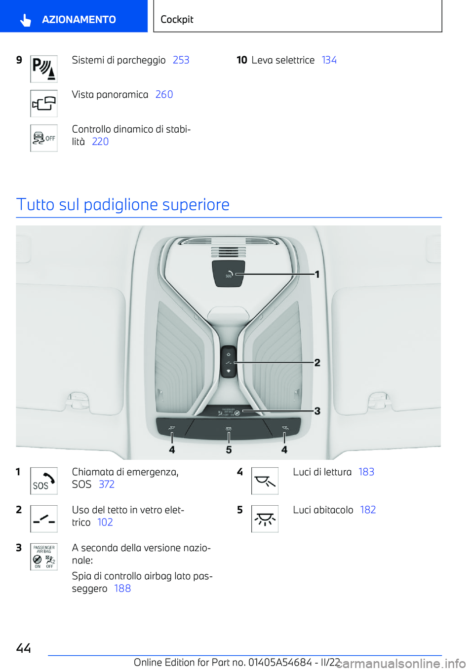 BMW I4 2022  Libretti Di Uso E manutenzione (in Italian) 9Sistemi di parcheggio   253Vista panoramica   260Controllo dinamico di stabi