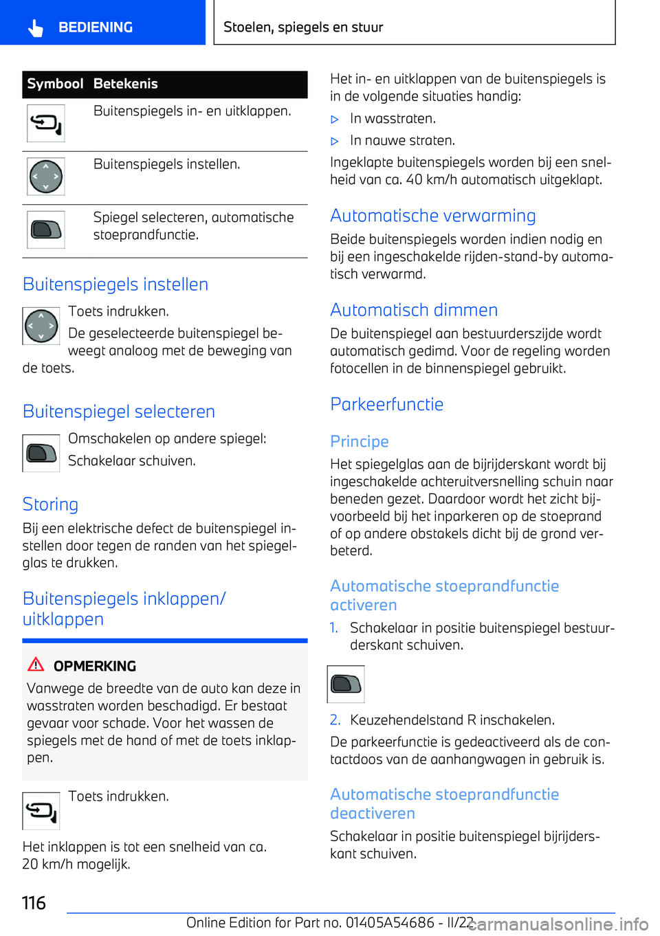 BMW I4 2022  Instructieboekjes (in Dutch) SymboolBetekenisBuitenspiegels in