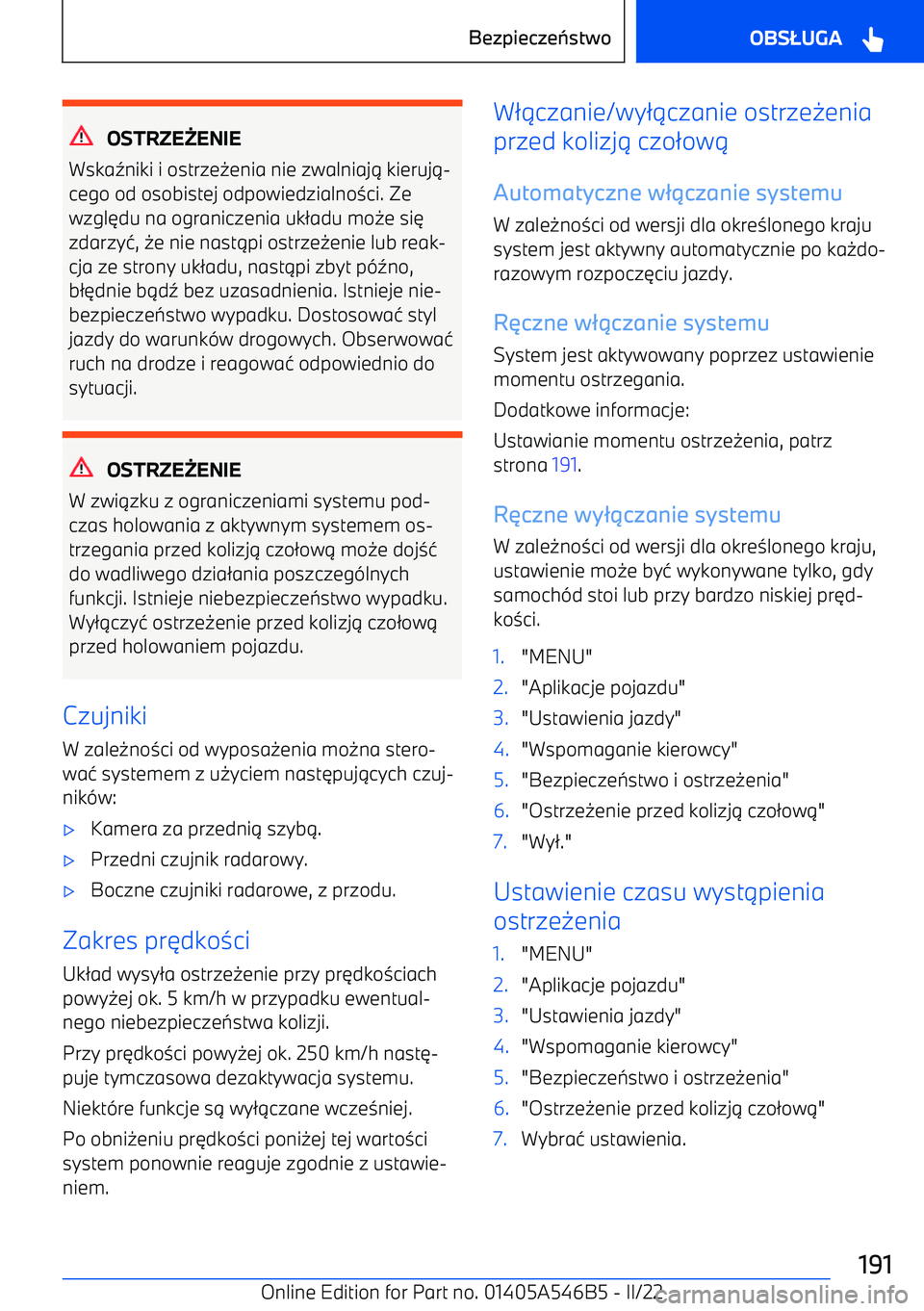 BMW I4 2022  Instrukcja obsługi (in Polish) OSTRZE