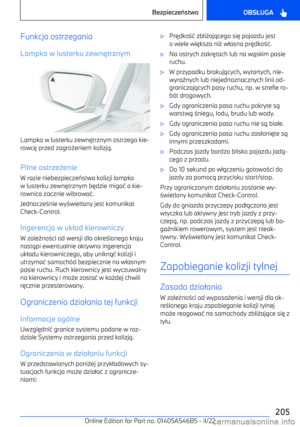 BMW I4 2022  Instrukcja obsługi (in Polish) Funkcja ostrzegania
Lampka w lusterku zewn