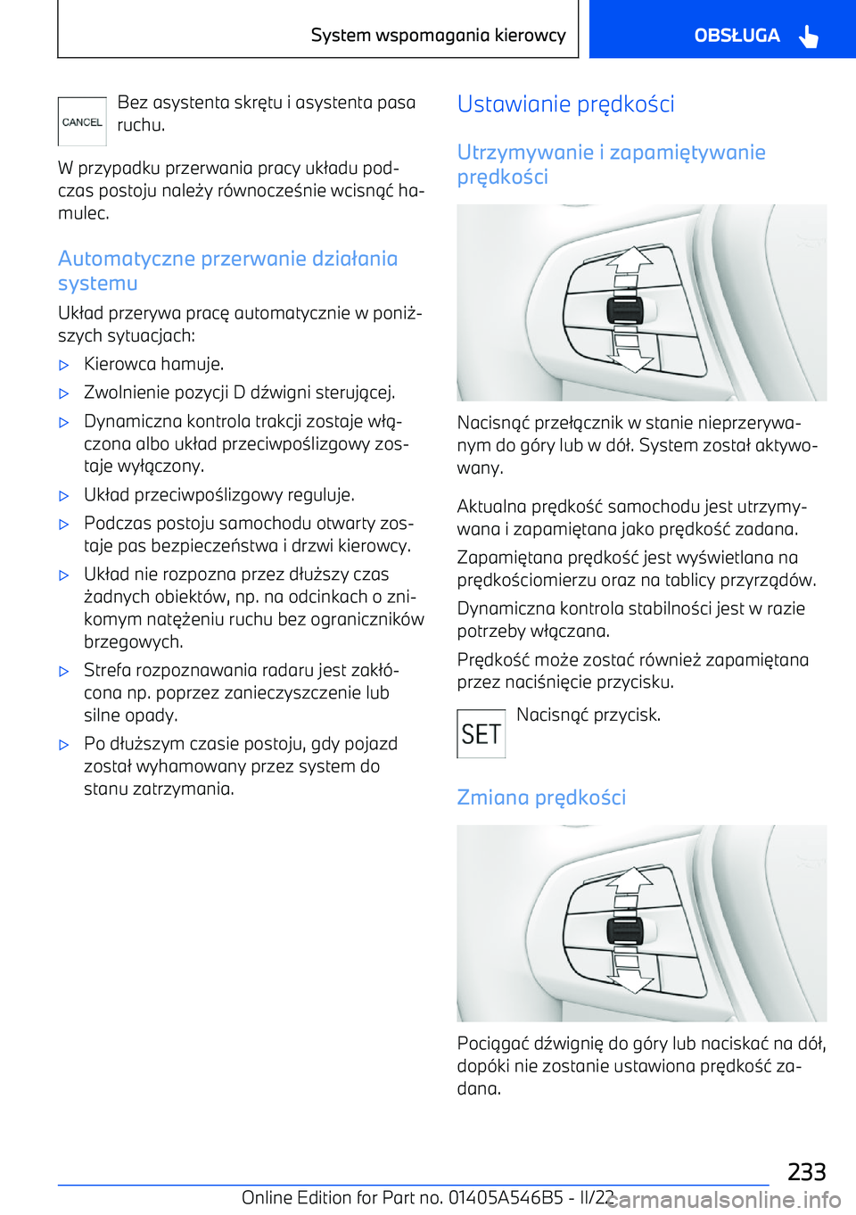 BMW I4 2022  Instrukcja obsługi (in Polish) Bez asystenta skr