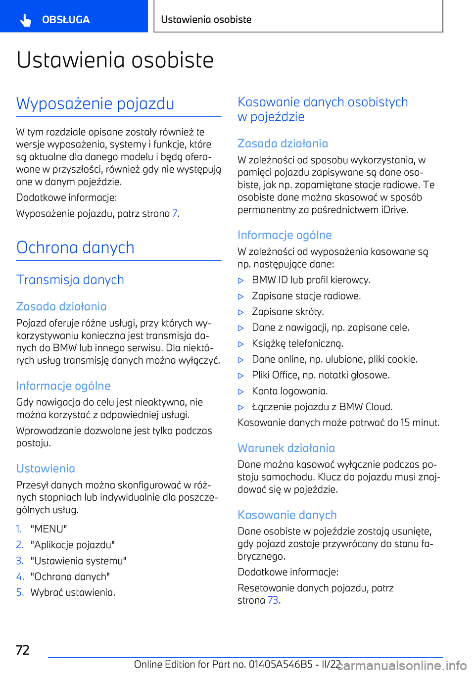 BMW I4 2022  Instrukcja obsługi (in Polish) Ustawienia osobisteWyposa