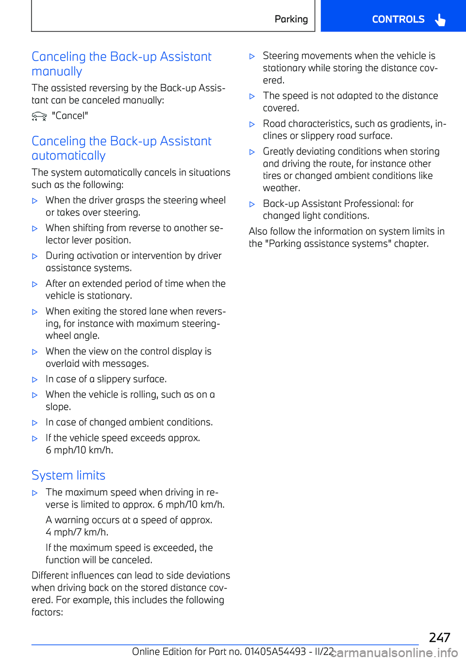 BMW IX 2022  Owners Manual Canceling the Back