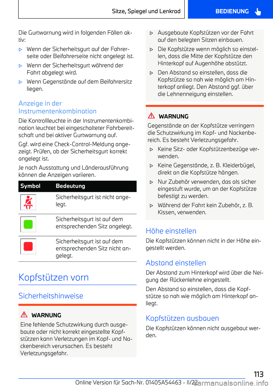 BMW IX 2022  Betriebsanleitungen (in German) Die Gurtwarnung wird in folgenden F