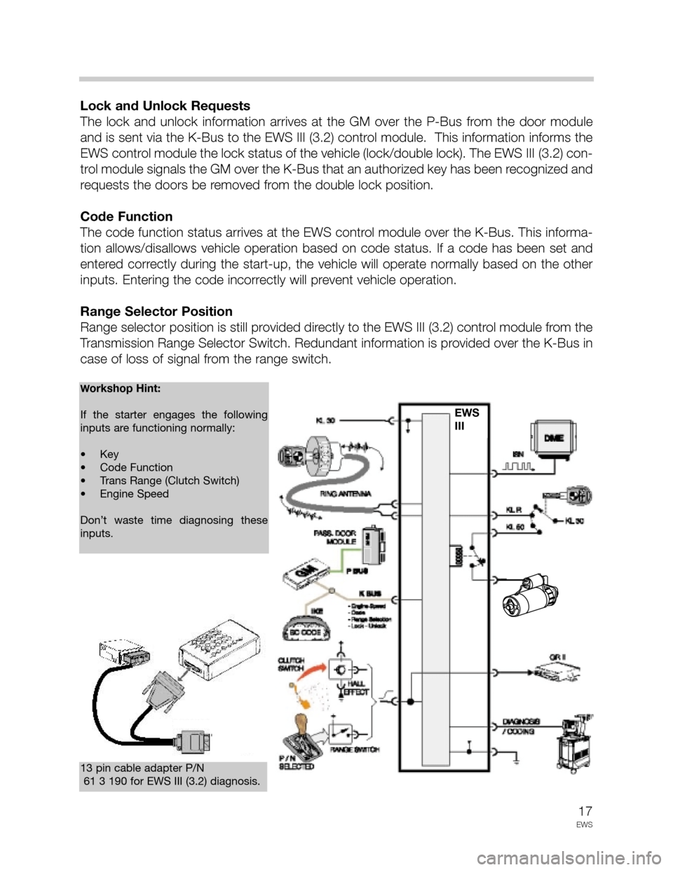 BMW 3 SERIES 2002 E46 Drive Away Protection Syst 17
EWS
Lock and Unlock Requests
The  lock  and  unlock  information  arrives  at  the  GM  over  the  P-Bus  from  the  door  module
and is sent via the K-Bus to the EWS III (3.2) control module.  Thi