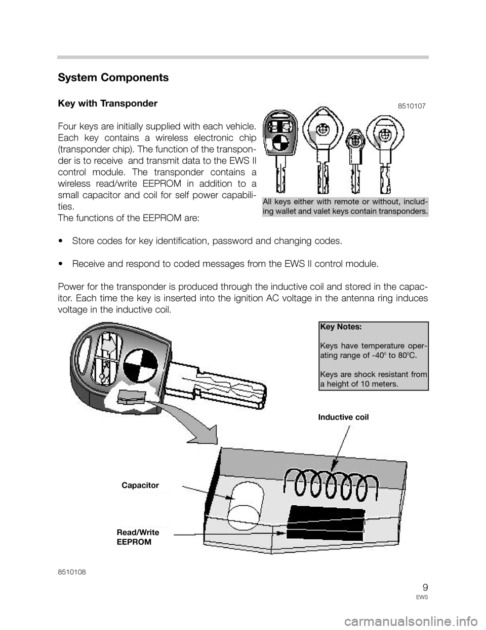 BMW 3 SERIES 2002 E46 Drive Away Protection Syst 9
EWS
System Components
Key with Transponder
Four keys are initially supplied with each vehicle.
Each key contains a wireless electronic chip
(transponder chip). The function of the transpon-
de BMW 3 SERIES 2002 E46 Drive Away Protection Syst 9
EWS
System Components
Key with Transponder
Four keys are initially supplied with each vehicle.
Each key contains a wireless electronic chip
(transponder chip). The function of the transpon-
de