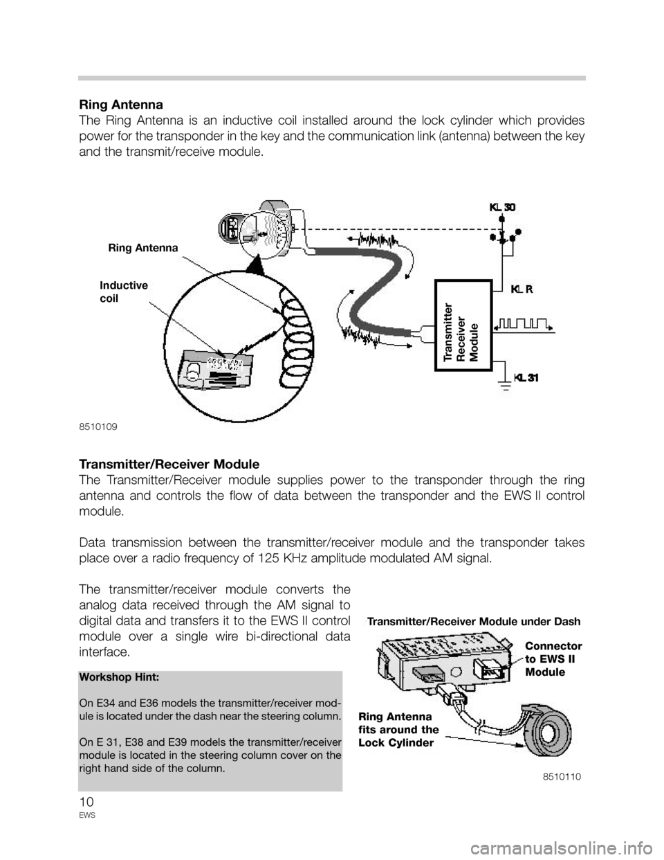 BMW 3 SERIES 2002 E46 Drive Away Protection Syst 10
EWS
Ring Antenna
The Ring Antenna is an inductive coil installed around the lock cylinder which provides
power for the transponder in the key and the communication link (antenna) betwe BMW 3 SERIES 2002 E46 Drive Away Protection Syst 10
EWS
Ring Antenna
The Ring Antenna is an inductive coil installed around the lock cylinder which provides
power for the transponder in the key and the communication link (antenna) betwe