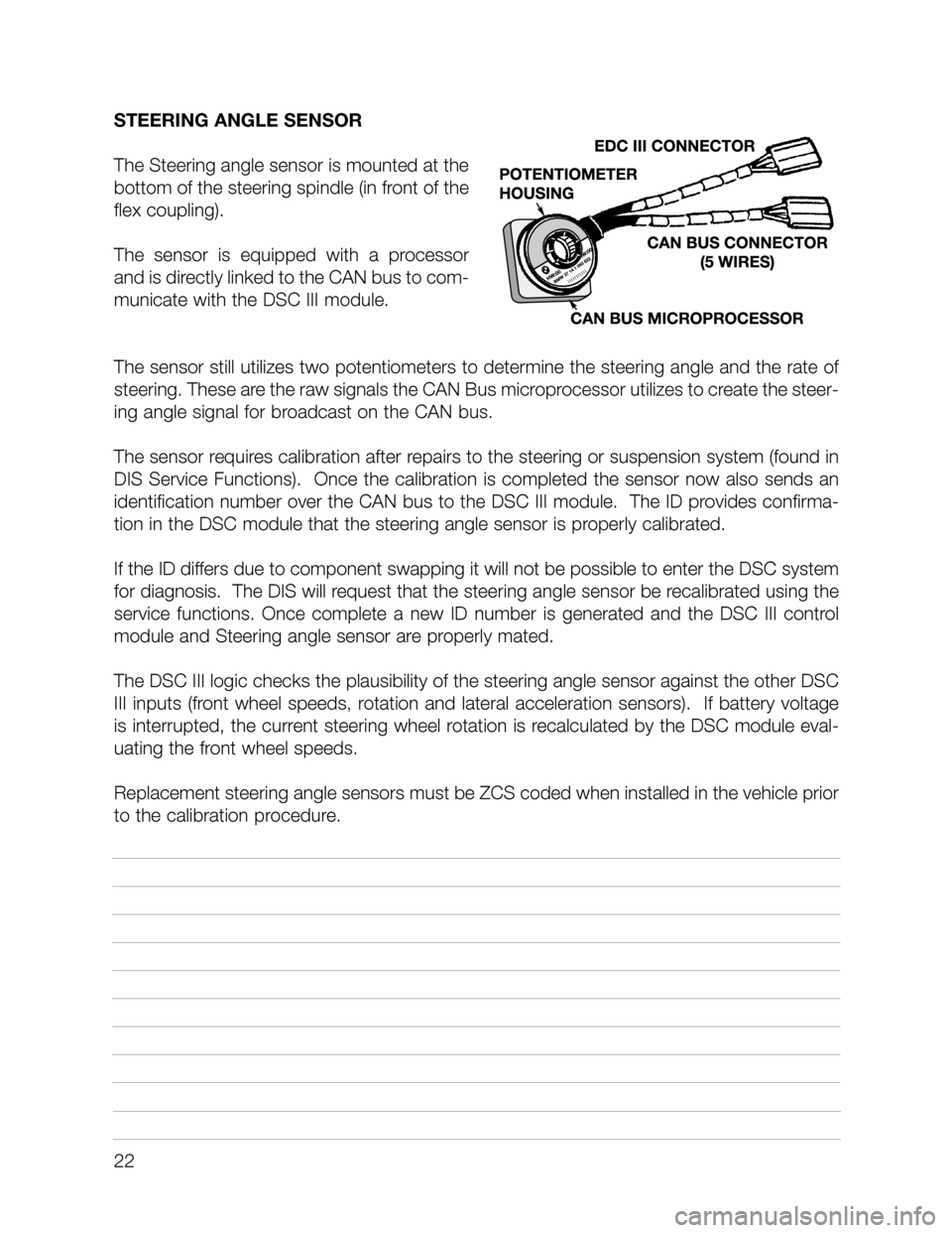 BMW X5 1999 E53 DSC System Workshop Manual STEERING ANGLE SENSOR
The Steering angle sensor is mounted at the
bottom of the steering spindle (in front of the
flex coupling).
The sensor is equipped with a processor
and is directly linked BMW X5 1999 E53 DSC System Workshop Manual STEERING ANGLE SENSOR
The Steering angle sensor is mounted at the
bottom of the steering spindle (in front of the
flex coupling).
The sensor is equipped with a processor
and is directly linked