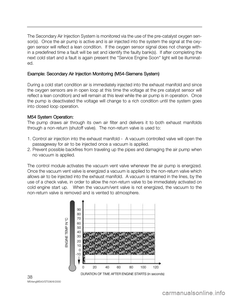 BMW X5 2005 E53 M54 Engine Workshop Manual 38
M54engMS43/ST036/6/2000
The Secondary Air Injection System is monitored via the use of the pre-catalyst oxygen sen-
sor(s).  Once the air pump is active and is air injected into the system the sign
