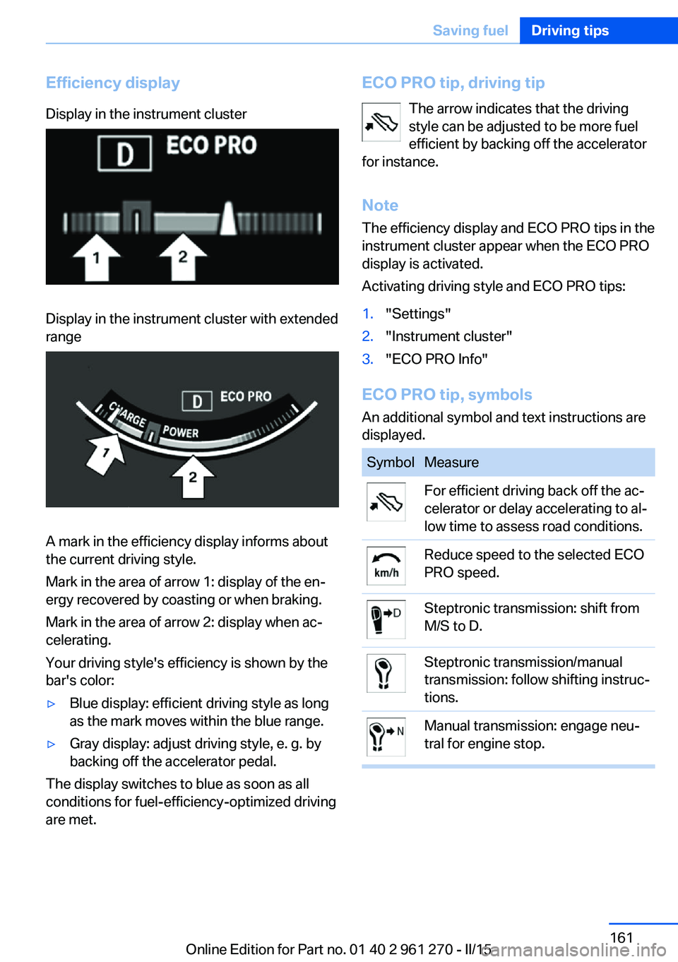 BMW 228I 2015 Owners Manual Efficiency displayDisplay in the instrument clusterDisplay in the instrument cluster with extended
range
A mark in the efficiency display informs about
the current driving style.
Mark in the area of a BMW 228I 2015 Owners Manual Efficiency displayDisplay in the instrument clusterDisplay in the instrument cluster with extended
range
A mark in the efficiency display informs about
the current driving style.
Mark in the area of a