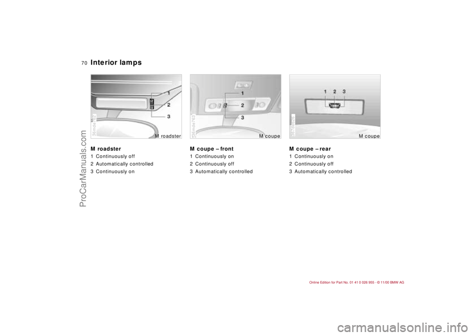 BMW M ROADSTER COUPE 2001  Owners Manual 70n
Interior lampsM roadster1 Continuously off
2 Automatically controlled
3 Continuously on36mde762
M roadster
M coupe – front1 Continuously on
2 Continuously off
3 Automatically controlled36mde763
