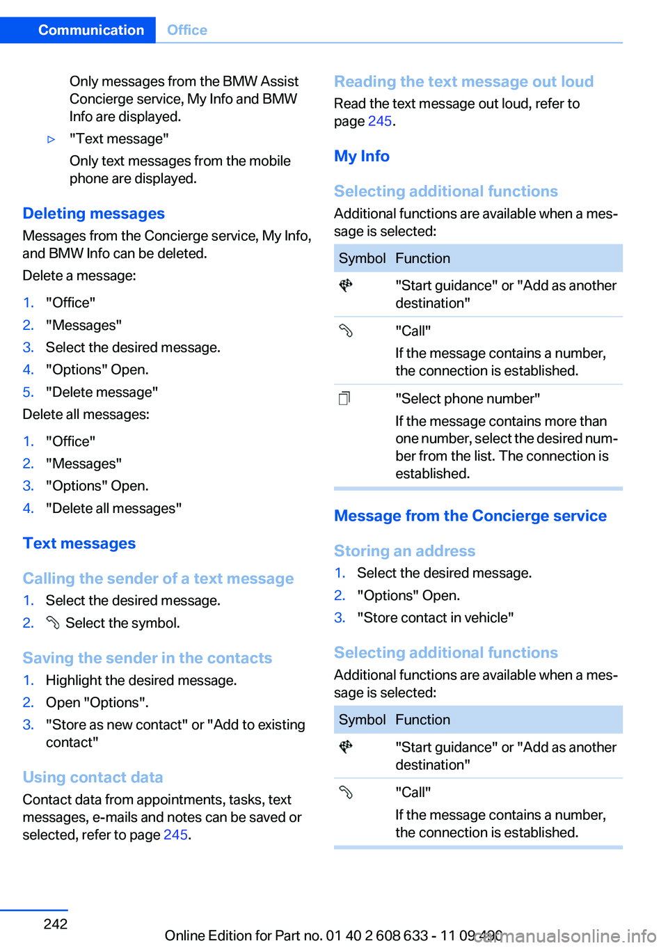 BMW 3 SERIES 2011  Owners Manual Only messages from the BMW Assist
Concierge service, My Info and BMW
Info are displayed.
▷"Text message"
Only text messages from the mobile
phone are displayed.
Deleting messages
Messages fr