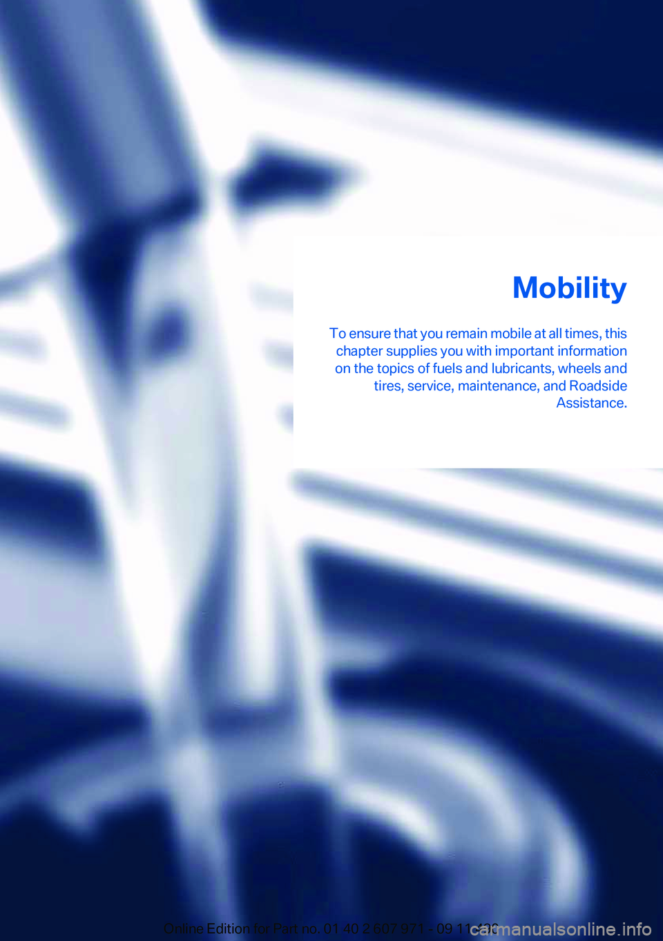 BMW 6 SERIES 2012  Owners Manual Mobility
To ensure that you remain mobile at all times, this chapter supplies you with important information
on the topics of fuels and lubricants, wheels and tires, service, maintenance, and Roadside