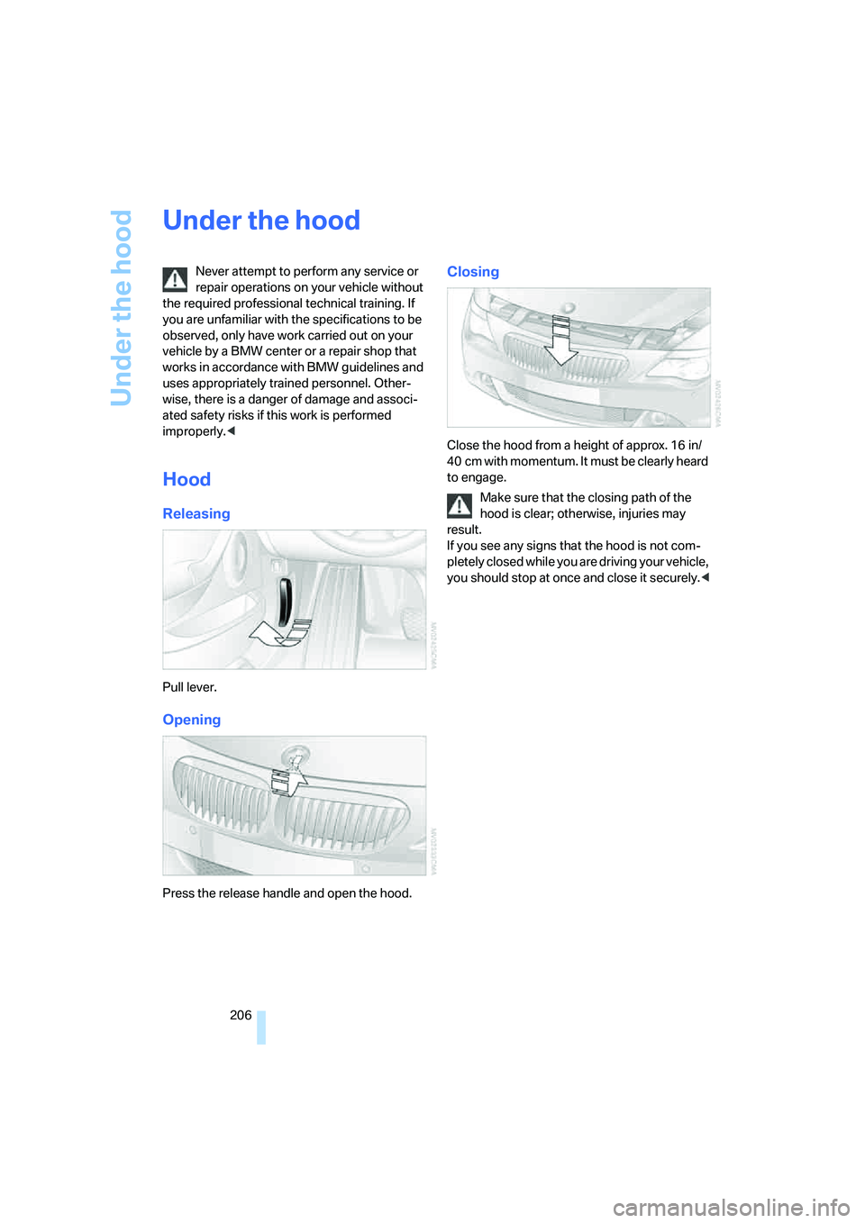 BMW 6 SERIES 2007  Owners Manual Under the hood
206
Under the hood
Never attempt to perform any service or 
repair operations on your vehicle without 
the required professional technical training. If 
you are unfamiliar with the spec