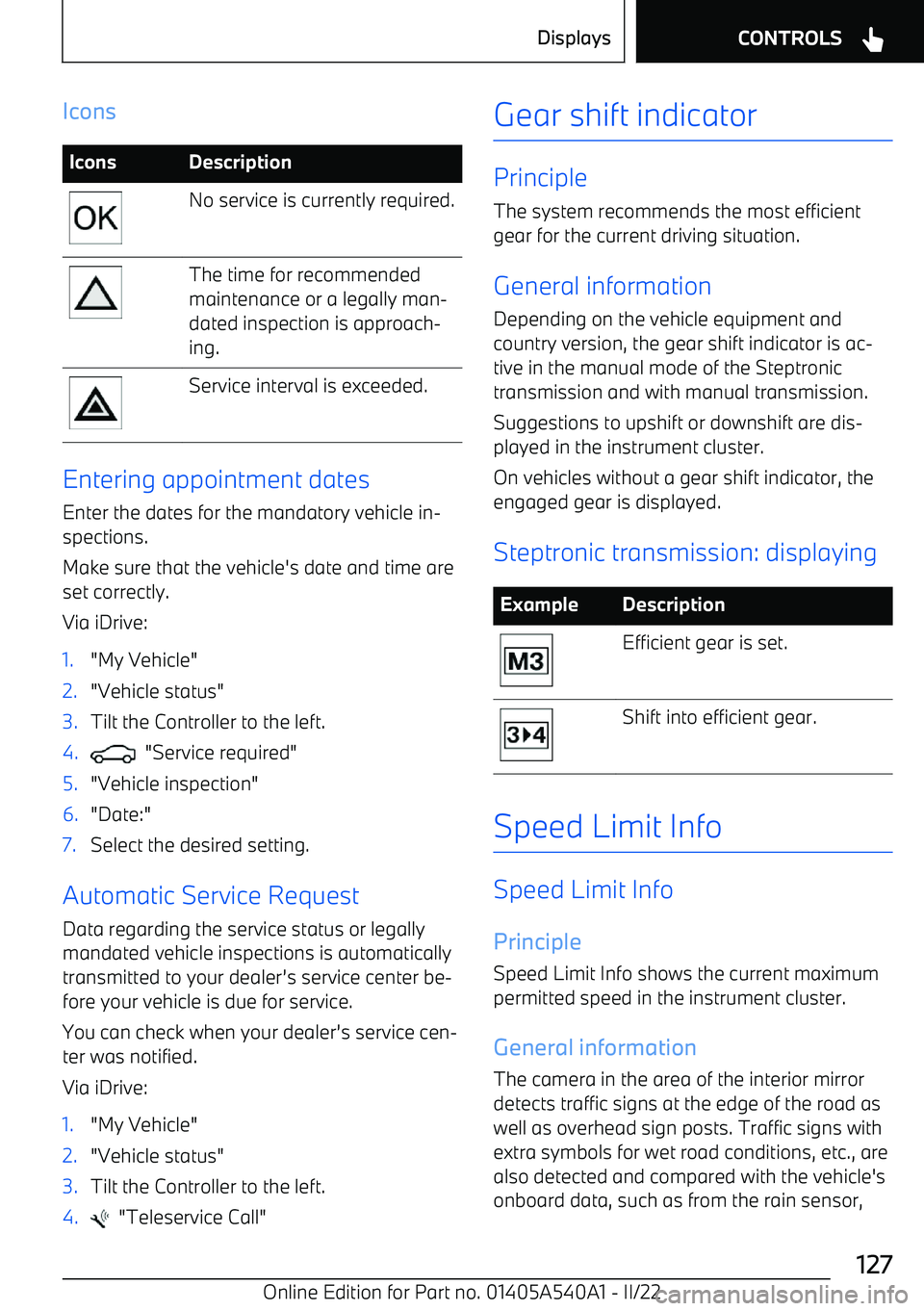 BMW X2 2023  Owners Manual IconsIconsDescriptionNo service is currently required.The time for recommended
maintenance or a legally man