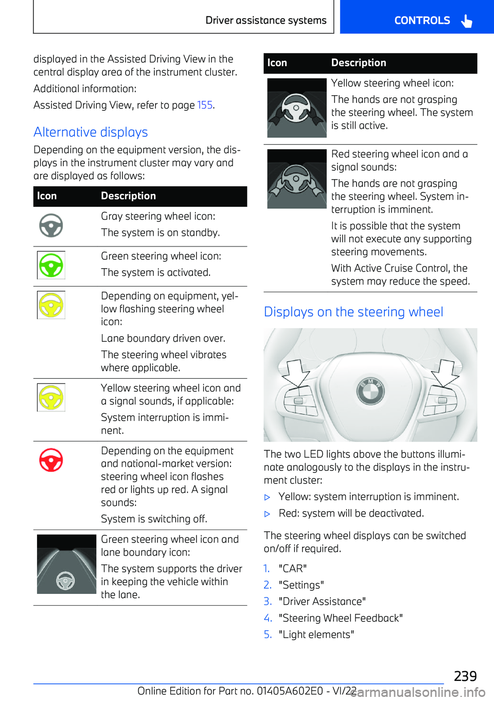 BMW X3 2023  Owners Manual displayed in the Assisted Driving View in thecentral display area of the instrument cluster.
Additional information:
Assisted Driving View, refer to page  155.
Alternative displays Depending on the eq