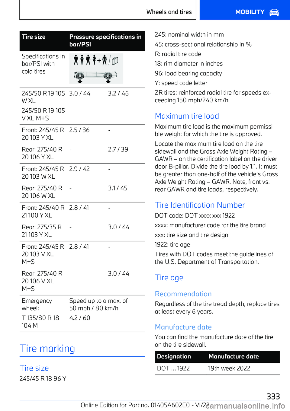 BMW X3 2023  Owners Manual Tire sizePressure specifications in
bar/PSISpecifications in
bar/PSI with
cold tires245/50 R 19 105
W XL
245/50 R 19 105
V XL M+S3.0 / 443.2 / 46Front: 245/45 R
20 103 Y XL2.5 / 36