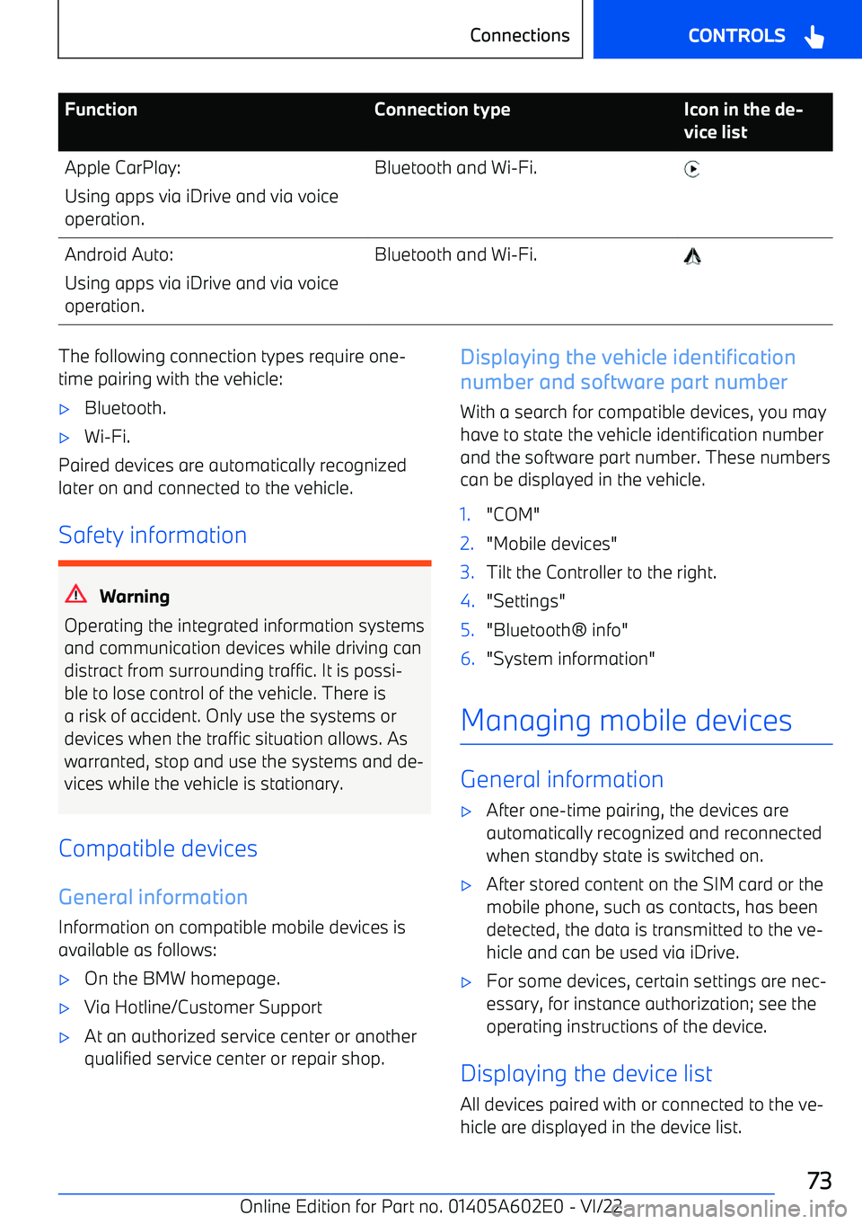 BMW X3 2023  Owners Manual FunctionConnection typeIcon in the de