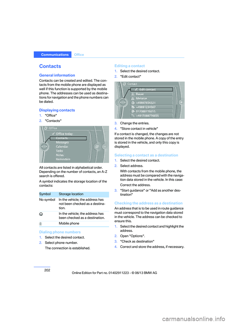 BMW 128I CONVERTIBLE 2013  Owners Manual 202
CommunicationsOffice
Contacts
General information
Contacts can be created and edited. The con-
tacts from the mobile phone are displayed as 
well if this function is supported by the mobile 
phone