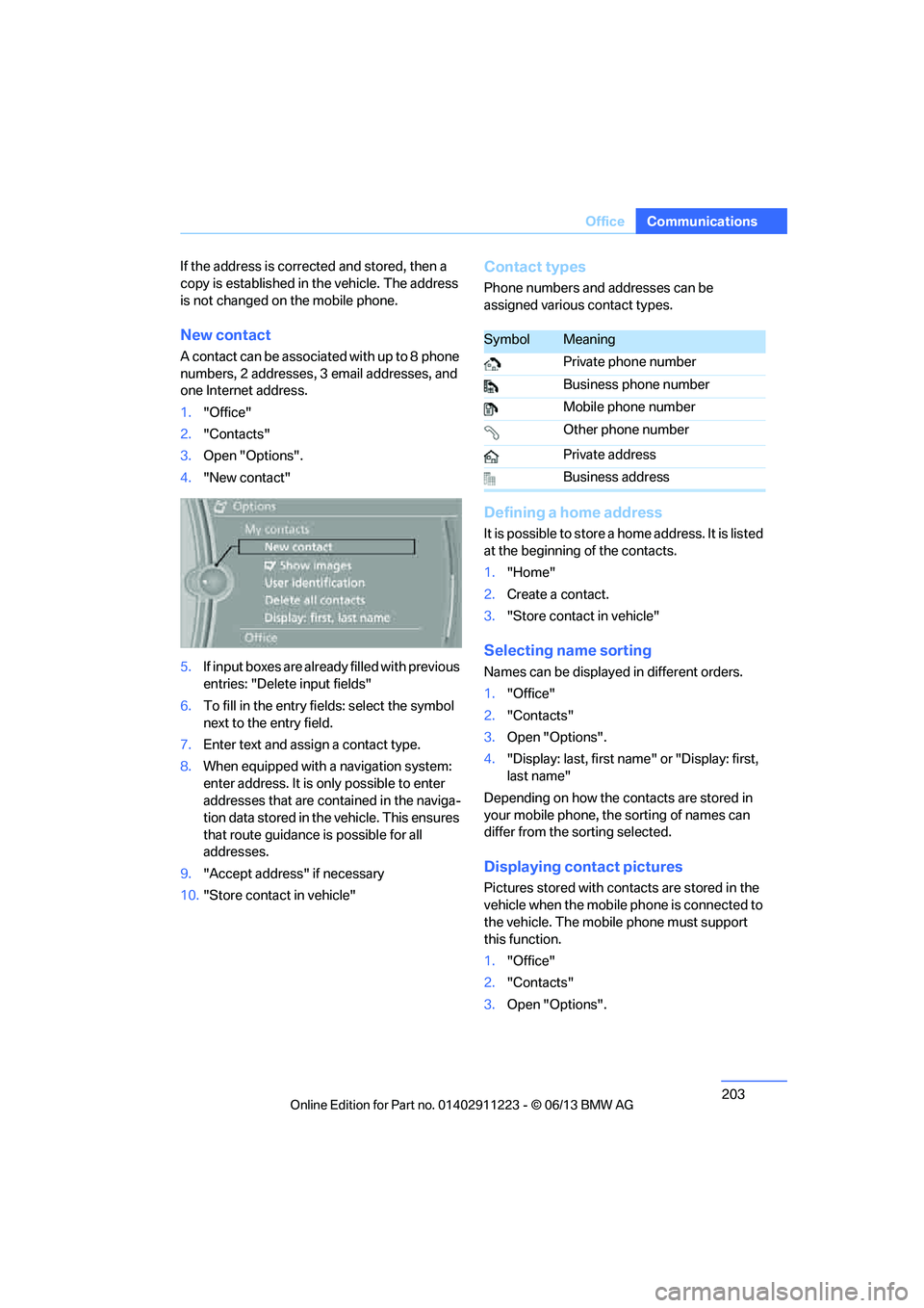 BMW 128I CONVERTIBLE 2013  Owners Manual 203
Office
Communications
If the address is corrected and stored, then a 
copy is established in 
the vehicle. The address 
is not changed on the mobile phone.
New contact
A contact can be associated 